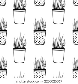 Image vectorielle motif harmonieux de pots de fleurs avec herbe décorative, plante. Jolie texture en style gribouillage, isolée. Thème de la décoration