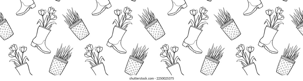 Vector seamless pattern of flower pots with decorative grass, plant, tulips in rubber rain boots. Cute spring summer texture in cartoon doodle style, isolated. Home, garden decoration theme