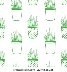 Vector seamless pattern of flower pots with decorative grass, plant. Cute texture in cartoon doodle style, isolated. Home decoration theme