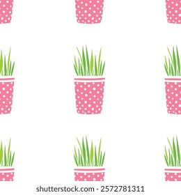 Vector seamless pattern of flower pots with decorative grass, plant. Cute texture in cartoon flat style, isolated. Home decoration theme