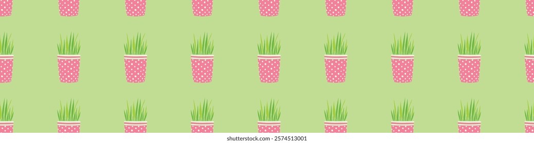 Vector seamless pattern of flower pots with decorative grass, plant. Cute texture in cartoon flat style, isolated. Home decoration theme