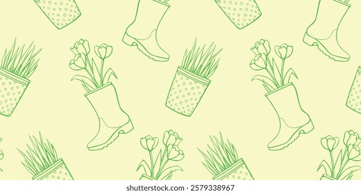 Vector seamless pattern of flower pots with decorative grass, plant, tulips in rubber rain boots. Cute spring summer texture in cartoon doodle style, isolated. Home, garden decoration theme