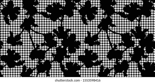 Vector seamless pattern. Flower texture with houndstooth background, Vector seamless pattern in black and white. Elegant floral background for fashion prints, home decor or stationery