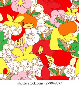 vector seamless pattern with flower,apple and pear, cartoon doodling design. summer background.