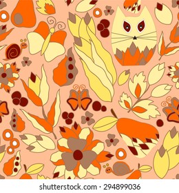 vector seamless pattern with flower,cat and butterfly, cartoon doodling design. summer background.