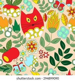 vector seamless pattern with flower,cat and butterfly, cartoon doodling design. summer background.