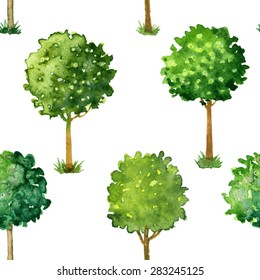 Vector seamless pattern with flowering trees trimmed in the shape of a ball, textile ornament with painted watercolor bushes with green leaves and flowers, hand drawn natural illustration
