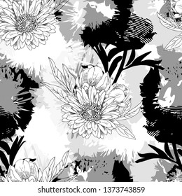 Vector seamless pattern with flowers, abstract elements, stains and spots.