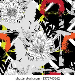 Vector seamless pattern with flowers, abstract elements, stains and spots.