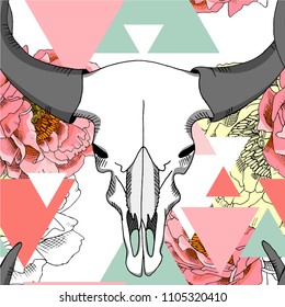 Vector seamless pattern with flowers and animal skull, geometric figures. Skull of a cow, triangles and peonies.