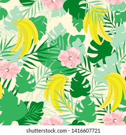 Vector seamless pattern with flowers  and banana on tropical leaves backdrop. Fashion summer background. For design banners, wrapping paper, print on clothes, wallpaper, textile.