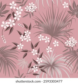 Vector seamless pattern with flowers and beige palm leaves, jungle background. Botanical art illustration for wallpaper, wall decoration, fabric, textile, cards.