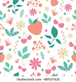 Vector seamless pattern with flowers, berries and leaves in green,  blue and pink colors. St Valentines day card. Floral doodles. 