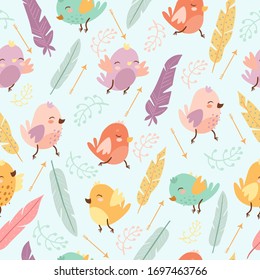 vector seamless pattern with flowers and birds. boho style. for kids, pastel color