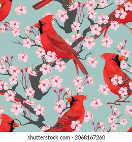 Vector seamless pattern with flowers and birds