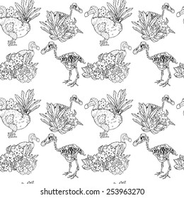 Vector seamless pattern with flowers and birds
