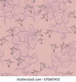 Vector seamless pattern with flowers and birds on the pink background.