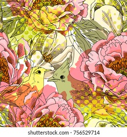 Vector seamless pattern with flowers and birds 7