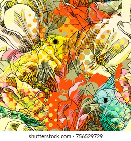 Vector seamless pattern with flowers and birds 4