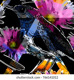 Vector seamless pattern with flowers and birds 11