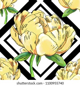 Vector seamless pattern with flowers and black lines. Abstraction, geometric shapes and yellow peonies. 