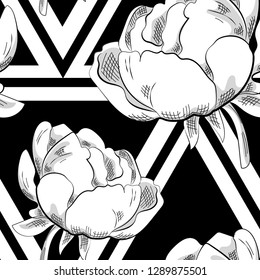 Vector seamless pattern with flowers and black geometric elements. Abstraction, geometric shapes and peonies. 