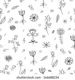 Vector seamless pattern with flowers in black and white colors