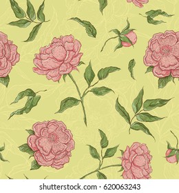 Vector seamless pattern flowers. Blooming peony with an open and a closed bud, leaves and twigs. Graphic illustration for wallpaper or textile.