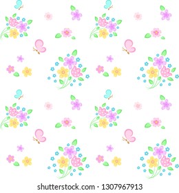 Vector seamless pattern with flowers, a bouquet of stylized fantastic flowers and butterflies for wallpaper, clothes, paper, textiles, tableware.