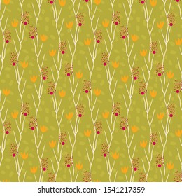 Vector seamless pattern with flowers, branches and  grey-green background.  Vintage and trendy design for fabric print, wallpaper and wrapping.