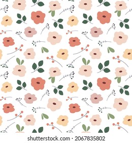 Vector seamless pattern with flowers, branches and leaves. Floral cartoon wallpaper. Texture for textile or wrapping paper.