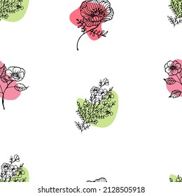 vector seamless pattern of flowers and branches doodle minimalism, boho style
