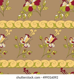 Vector seamless pattern of flowers and branches with leaves. beige green yellow white burgundy. eps8