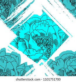 Vector seamless pattern with flowers and brush strokes. Abstraction brushstroke and blue peonies.