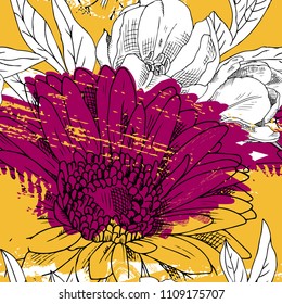 Vector seamless pattern with flowers and brush stroke. Gerbera, tulip and paint stains, splashes, blots. 