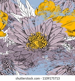 Vector seamless pattern with flowers and brush stroke. Gerbera, tulip and paint stains, splashes, blots. 3