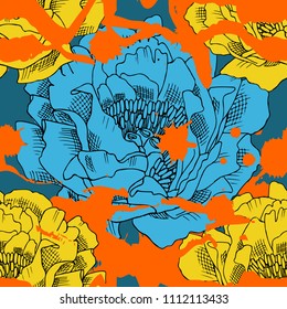Vector seamless pattern with flowers and brush stroke. Yellow and blue peonies and paint stains, splashes, blots.