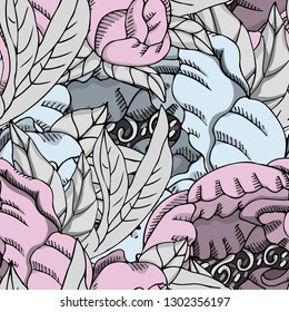 Vector seamless pattern with flowers and brush strokes. Hand drawn illustration of peonies. 9