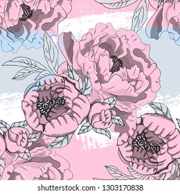 Vector seamless pattern with flowers and brush strokes. Hand drawn illustration of peonies. 3