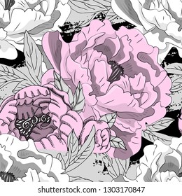 Vector seamless pattern with flowers and brush strokes. Hand drawn illustration of peonies. 2