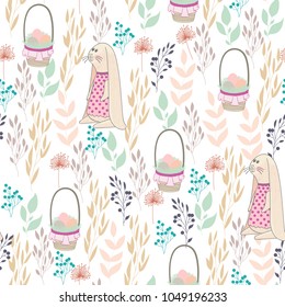 Vector seamless pattern with flowers and bunny.