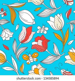Vector seamless pattern with flowers and butterflies.  You can use it for packaging design, textile design and scrapbooking.