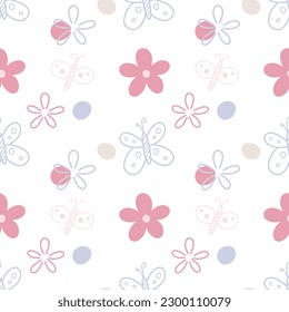 Vector seamless pattern of flowers. Butterflies and cute flowers. Modern background in a flat style. Hand-drawn doodles. For printing on fabric, wallpaper, paper, curtains.