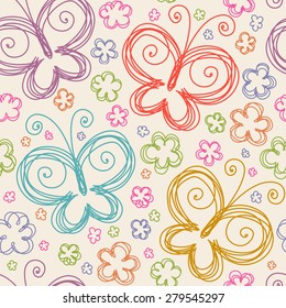 Vector seamless pattern with flowers  and butterflies of doodles. Floral background in hand drawn childish style. Ornamental decorative illustration for print, web