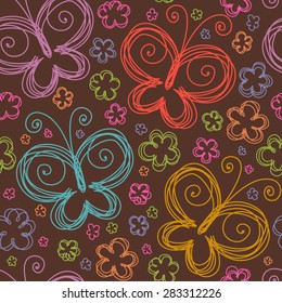 Vector seamless pattern with flowers and butterflies of doodles. Floral background in hand drawn childish style. Ornamental decorative illustration for print, web