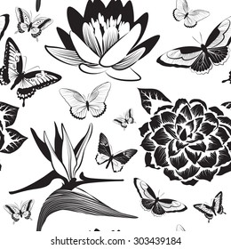 Vector Seamless pattern with Flowers and butterflies