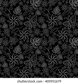 Vector seamless pattern with flowers, butterflies and leaves. Black background