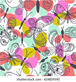 Vector seamless pattern with flowers and butterflies of doodles. Floral background in hand drawn childish style.