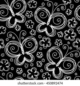 Vector seamless pattern with flowers and butterflies of doodles. Background in hand drawn childish style. Ornamental decorative illustration for print, web