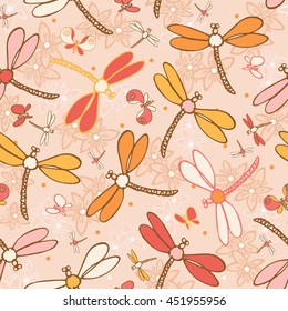 Vector seamless pattern with flowers, butterflies and dragonflies  